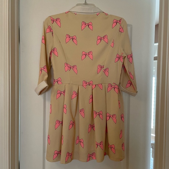 Power Sweet Bow Print Collar Pink Tan Bow Dress - Picture 4 of 15